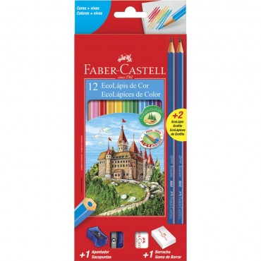 Lapis de Cor Faber Castell C/12+2 Ecolápis Grafite + 1 Apontador + 1 Borracha 120112+2N