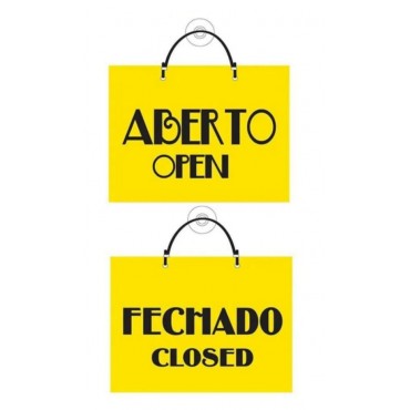 Placa de Sinalização ABERTO/FECHADO dupla face com cordão e ventosa - Amarelo