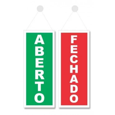 Placa de Sinalização ABERTO/FECHADO dupla face com cordão e ventosa - Vermelha e Verde