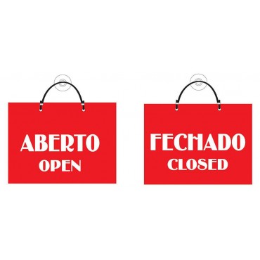 Placa de Sinalização ABERTO/FECHADO dupla face com cordão e ventosa - Vermelha