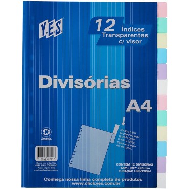 Divisória de Fichário A4 Yes C/12 Divisórias 12INTBA