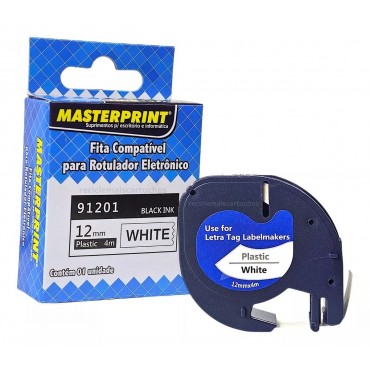 Fita para Rotuladora Dymo Letratag 91201 12mm Preto/Branco Masterprint